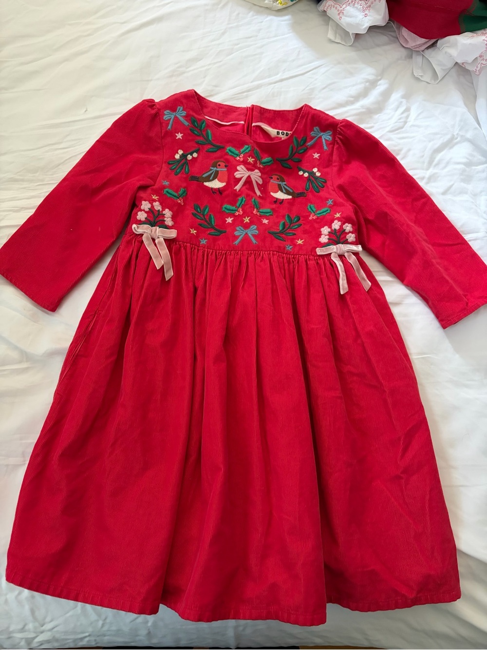 Mini Boden Red Corduroy Dress with Embroidered Robins and Bows